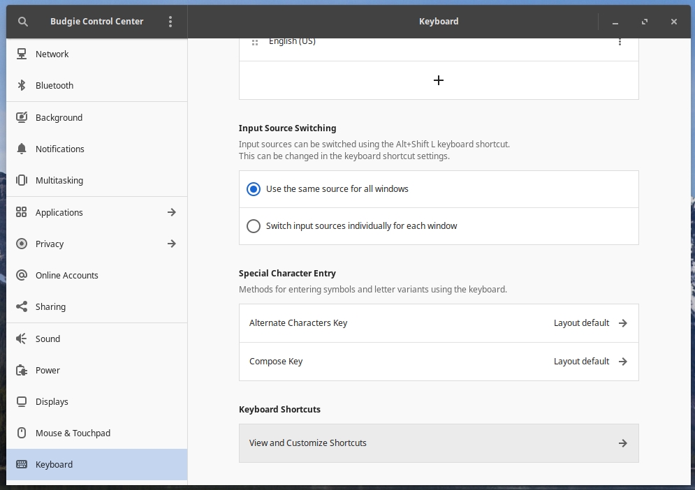 Budgie Control Center Keyboard Shortcuts