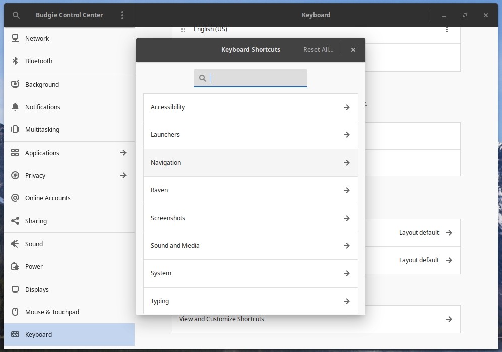 Budgie Control Center Keyboard Shortcuts Sections