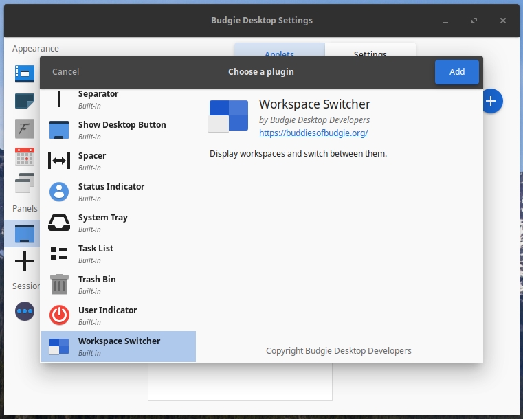Adding Budgie Workspaces Applet