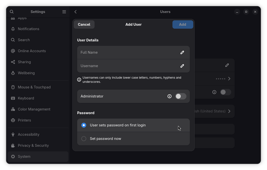 GNOME Add User Dialog