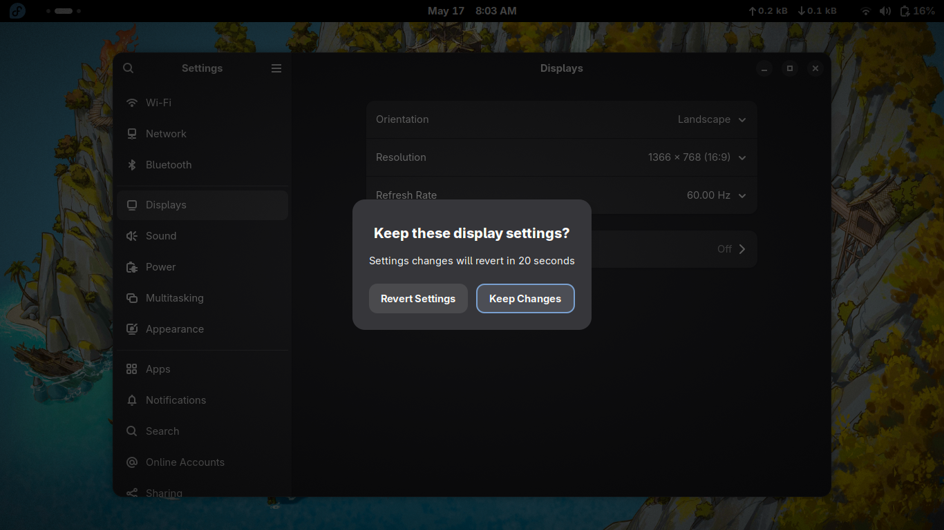 GNOME Confirm Display Settings