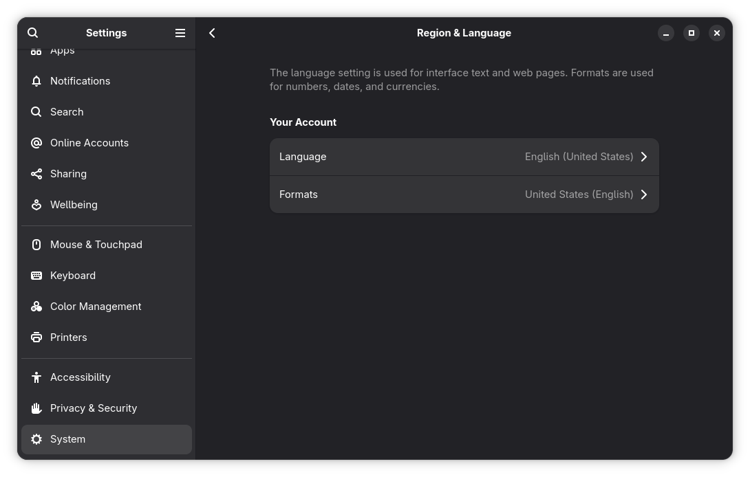 GNOME Region and Languages