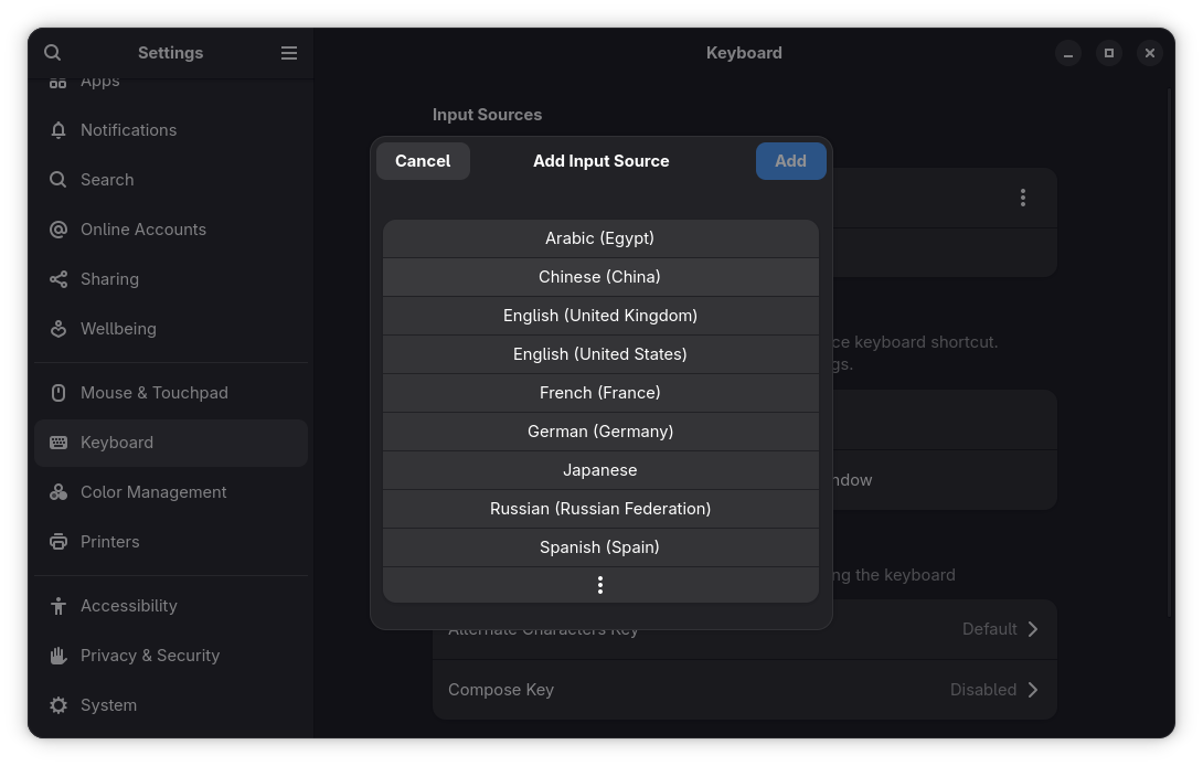 GNOME Add Input Source