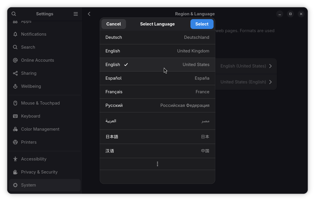 GNOME Selecting Language