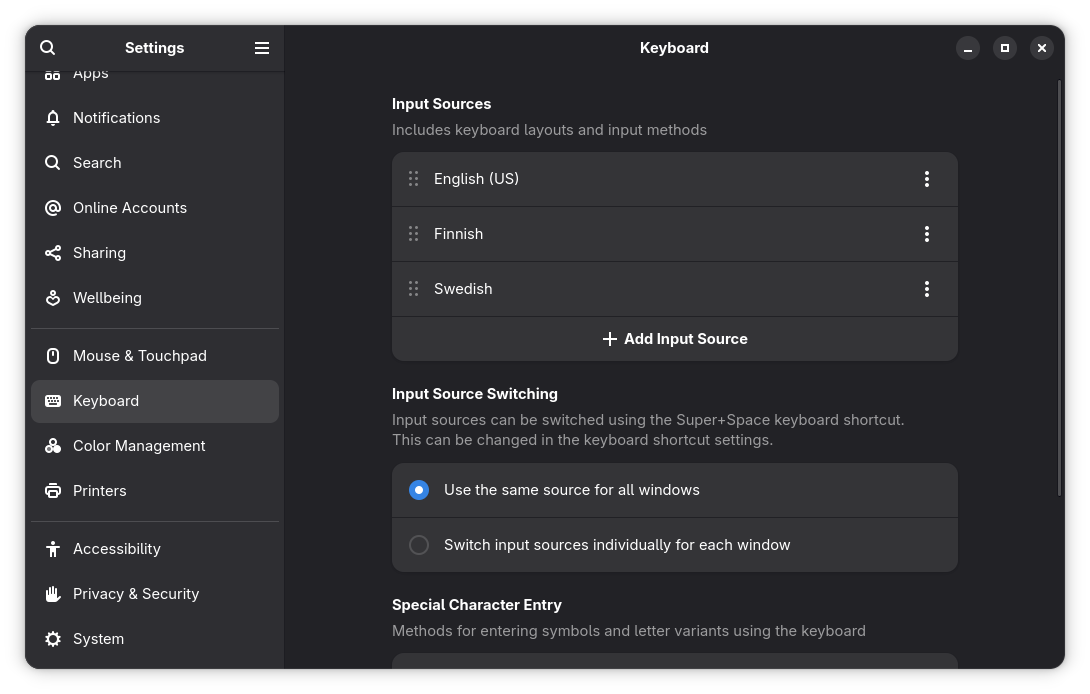 GNOME Add Input Source