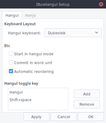 IBus IME Settings Example: Hangul